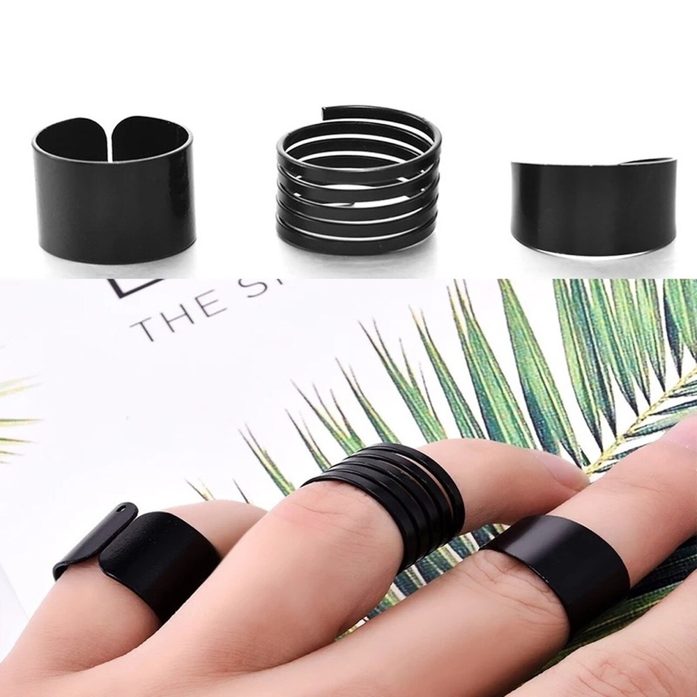 3Pcs Set Women Punk Black Rings